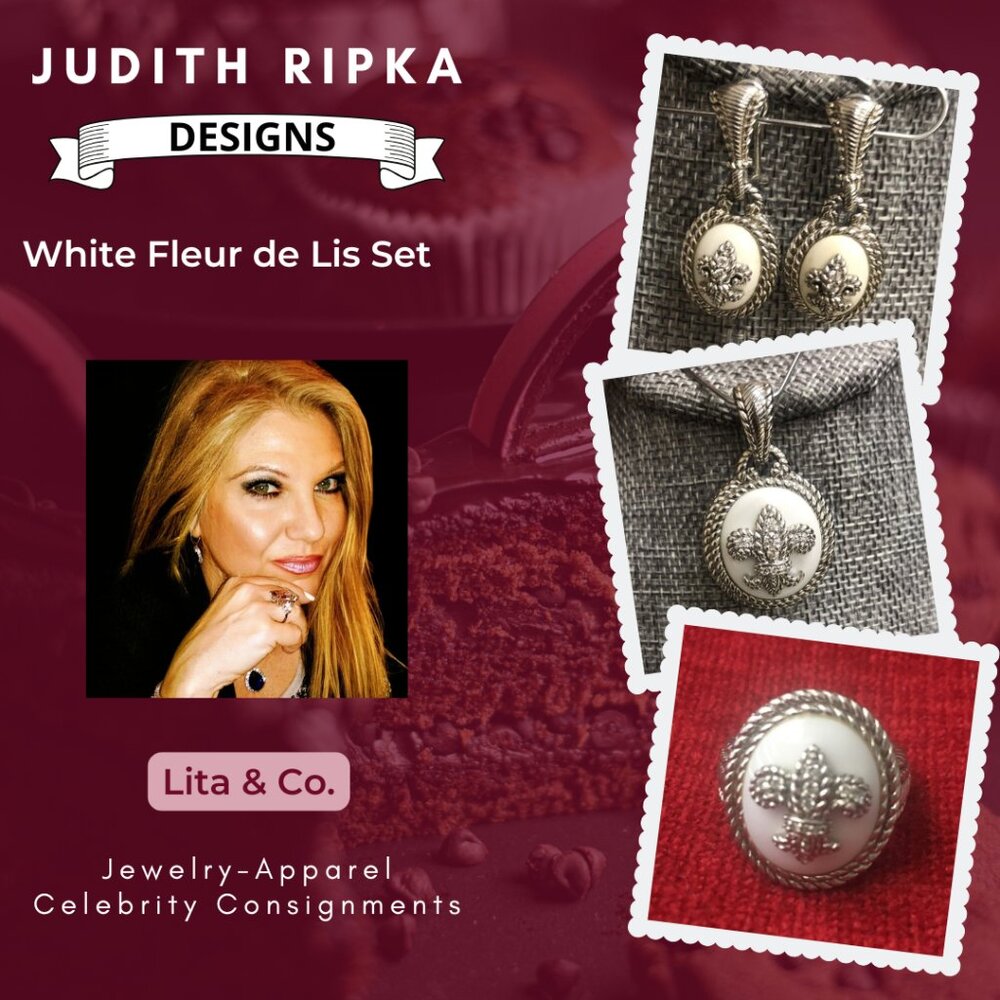 Judith Ripka White Fleur De Lis Earrings/Pendant/Ring Sz. 7